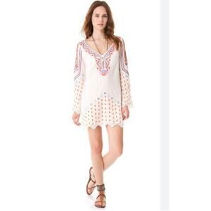 Free People Boho Gauzy Crinkle Embroidered crochet trim Shift Dress sz 8 Rare!